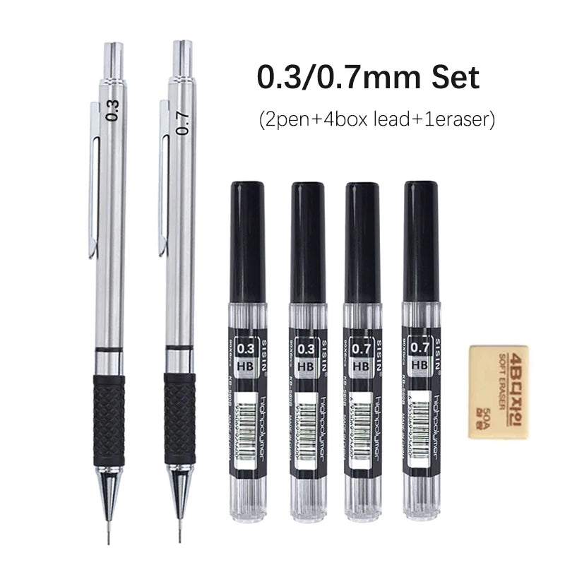 A set of 0.3/0.7mm metal mechanical pencils with HB lead cores and an eraser.