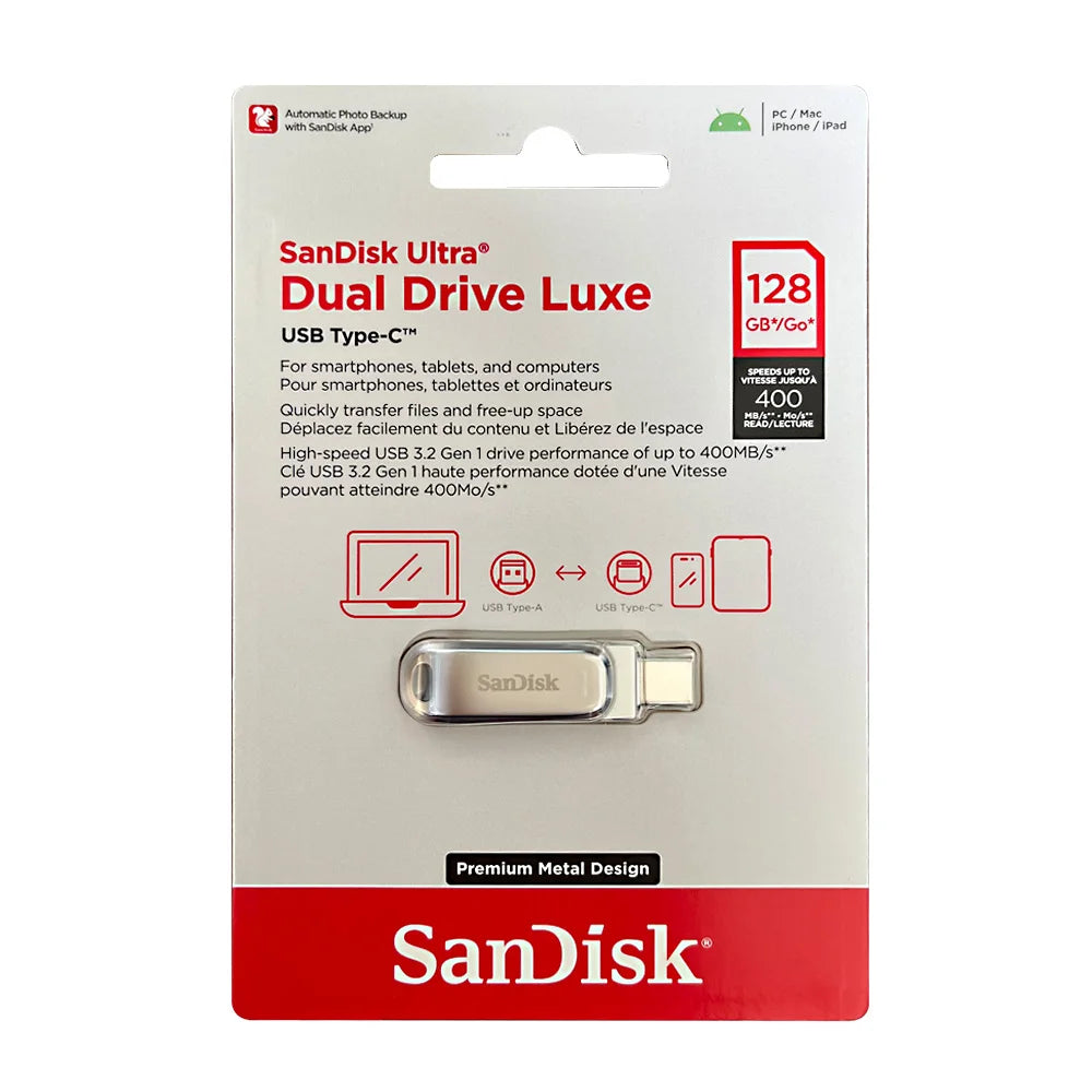 Sandisk Ultra Dual Drive Luxe USB Type-C flash drive in a white packaging box.
