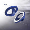 A blue magnetic silicone phone grip with a foldable stand shown in various views.