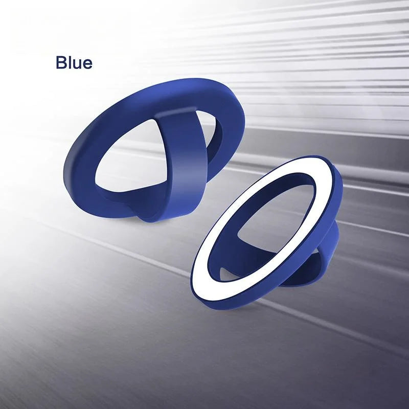 A blue magnetic silicone phone grip with a foldable stand shown in various views.