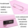 A pink metal money box featuring a portable handle and a security combination lock.