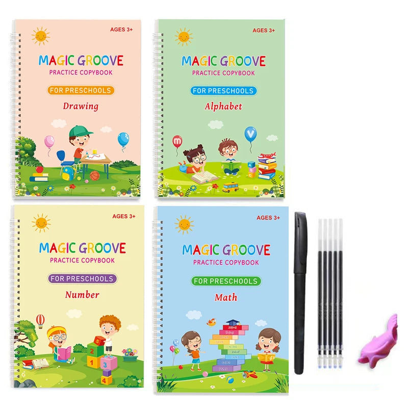 A set of colorful magic groove practice copybooks for preschoolers featuring drawing, alphabet, and number activities.