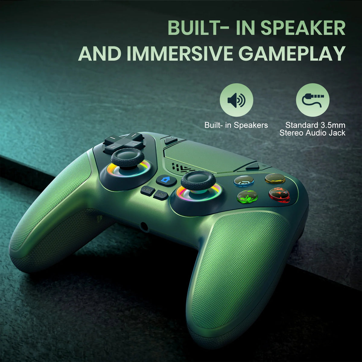 A green RGB wireless gaming controller is shown on a dark surface with text highlighting built-in speakers and immersive game