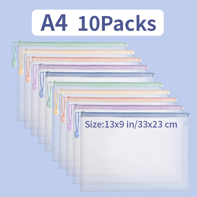 A4 10 packs of waterproof mesh zipper document pouches in various pastel colors.