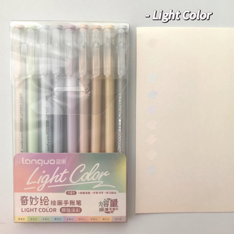 A box of a 9-piece Light Color gel pen set featuring various shades of light colors.