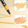 Nahaufnahme eines orange-schwarzen Doppelspitzer-Glitzerstifts, der auf einer hellen Oberfläche schreibt und farbige Glitzers