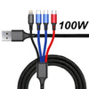 A black braided 4-in-1 multi-device fast charging cable with USB-C, USB-A, and Micro-USB connectors.