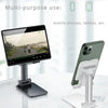 A foldable adjustable phone holder stand is shown next to a tablet and mobile phone, demonstrating multi-purpose use.