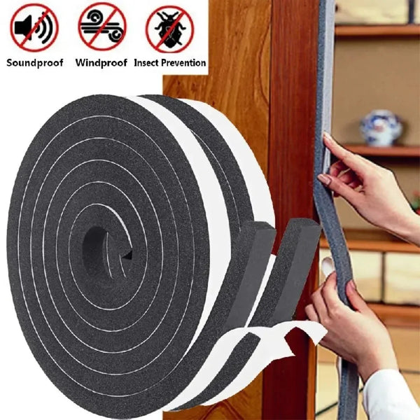 Roll of black self-adhesive foam window sealing strips being applied to a wooden door frame.