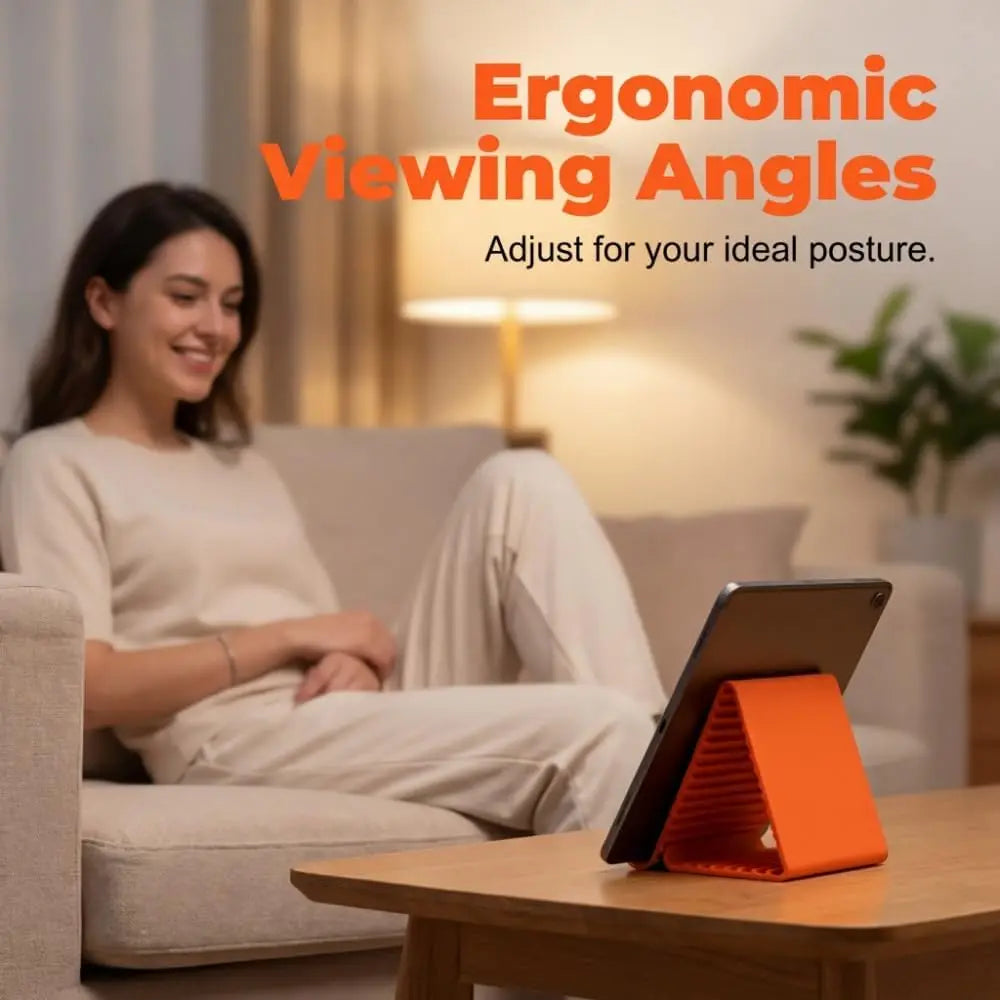 A person is sitting on a couch using an ergonomic viewing angle for a flexible silicone phone stand.