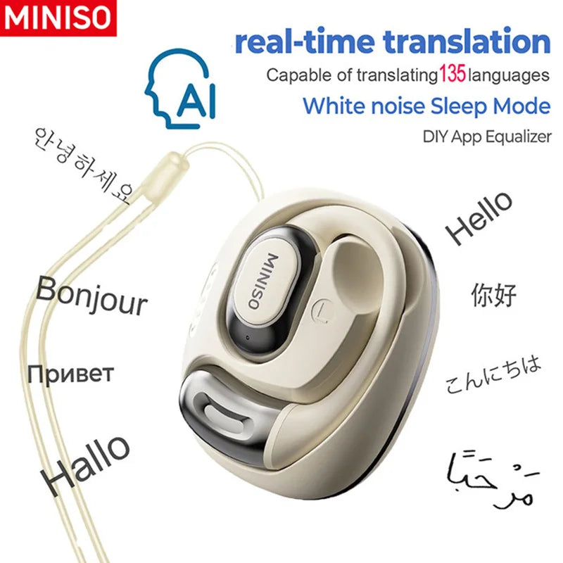 A white wireless translation device for real-time language translation, shown with various language examples.