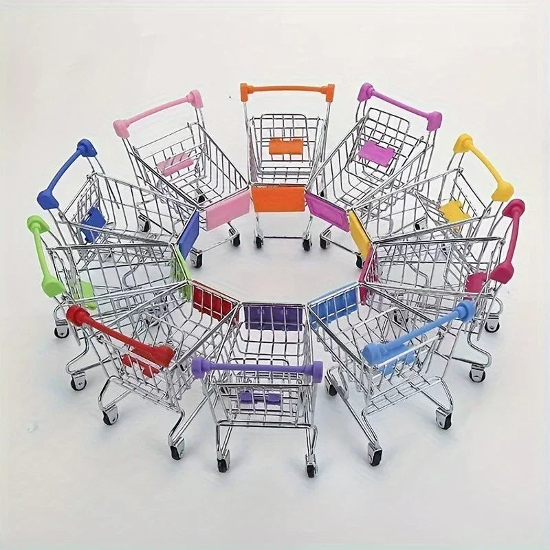 A collection of colorful metal shopping carts arranged in a circle on a white background.