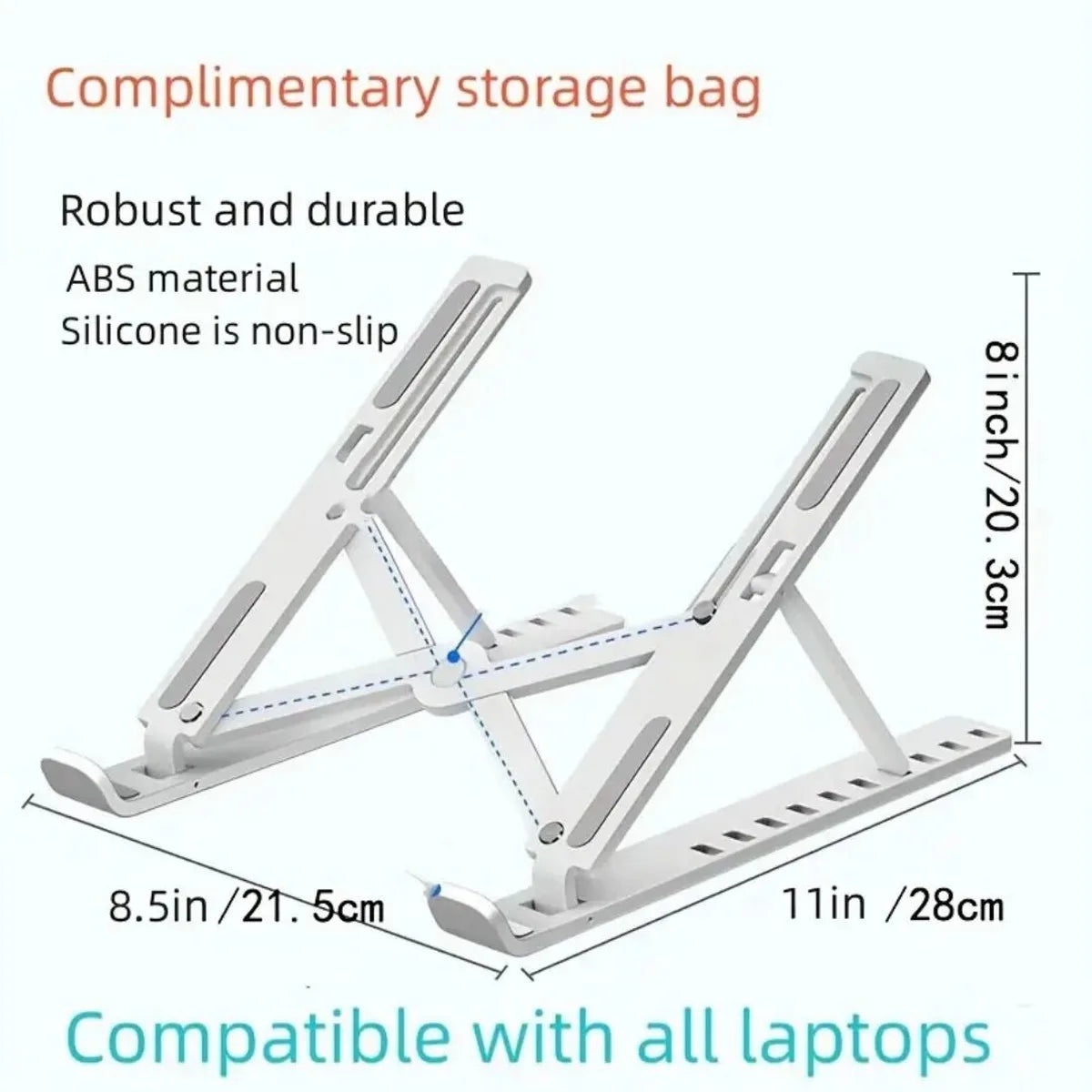 A white portable folding laptop stand made of ABS material and silicone for durable storage.