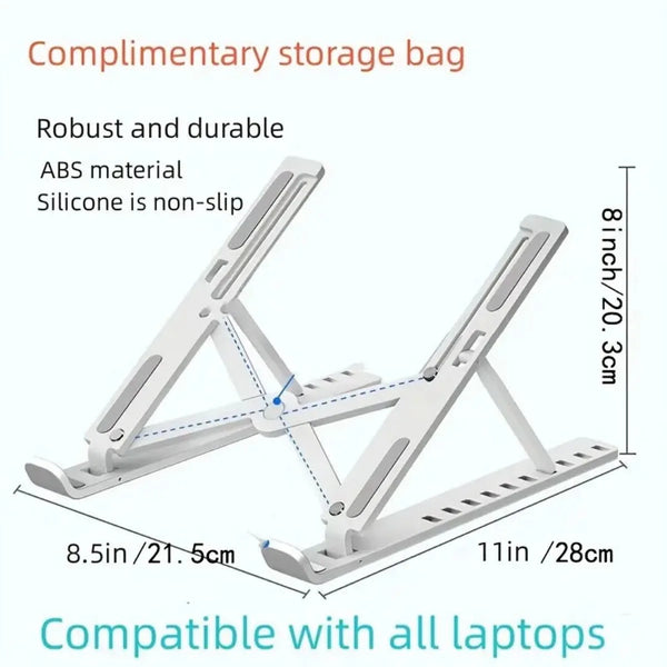 A white portable folding laptop stand made of ABS material and silicone for durable storage.