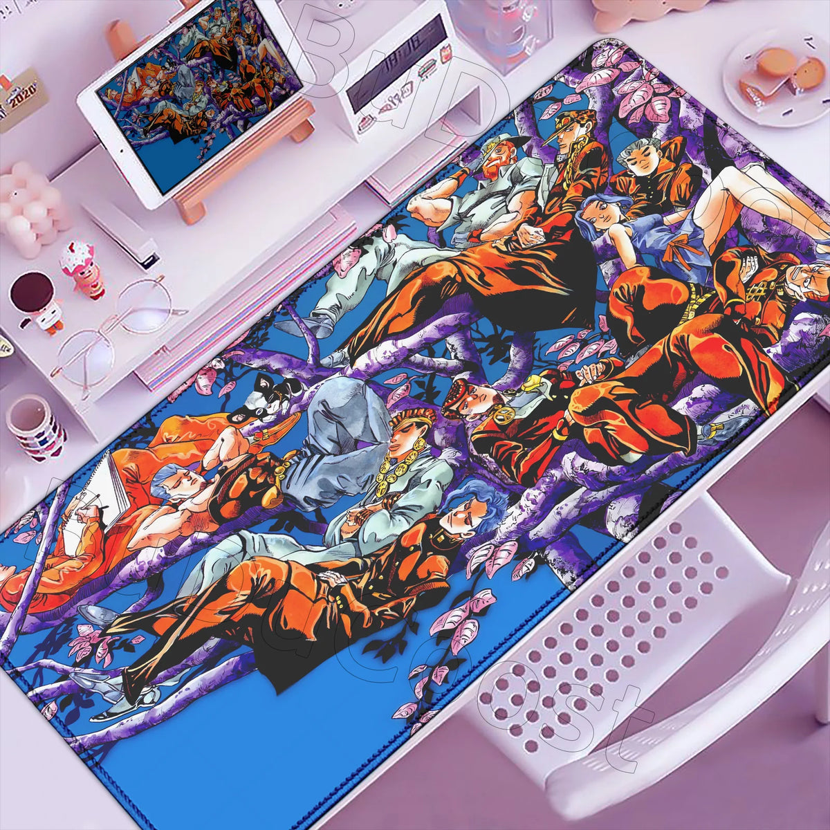 Anime-inspired XXL gaming mouse pad featuring a vibrant illustration of characters on a blue background