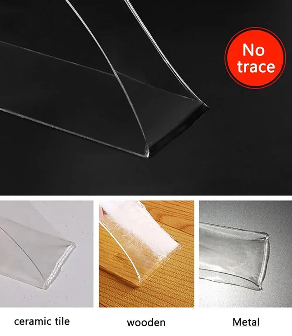 Close-up view of heavy-duty nano double-sided adhesive tape showing its clear, flexible nature on various surfaces.
