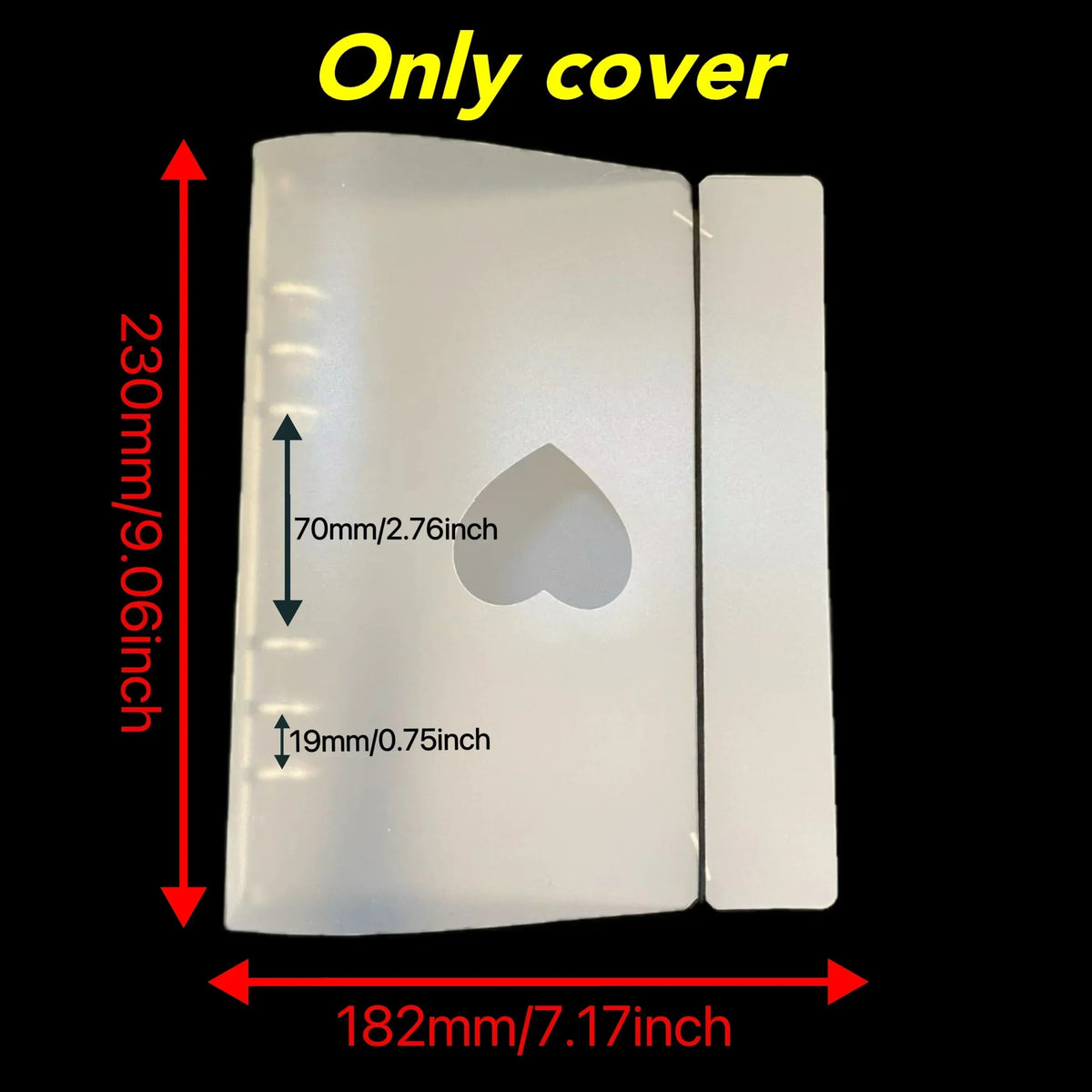 A white A5 refillable photo sleeve shown with dimensions and a cutout.