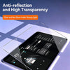 A clear anti-reflection screen protector film is shown on a smartphone display, demonstrating high transparency and clarity.