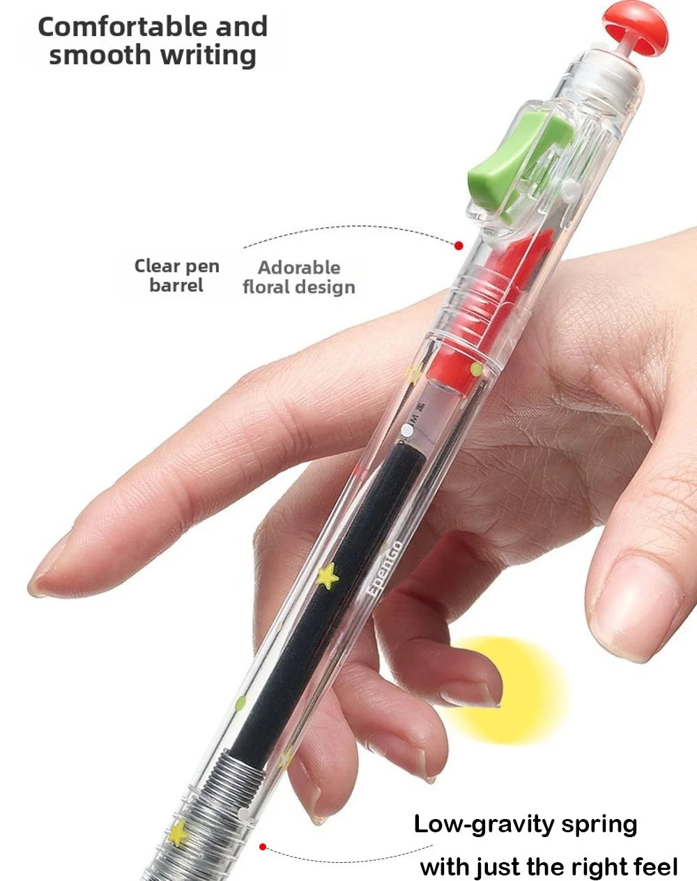 A hand holds a clear pen with an adorable floral design and a low-gravity spring mechanism.