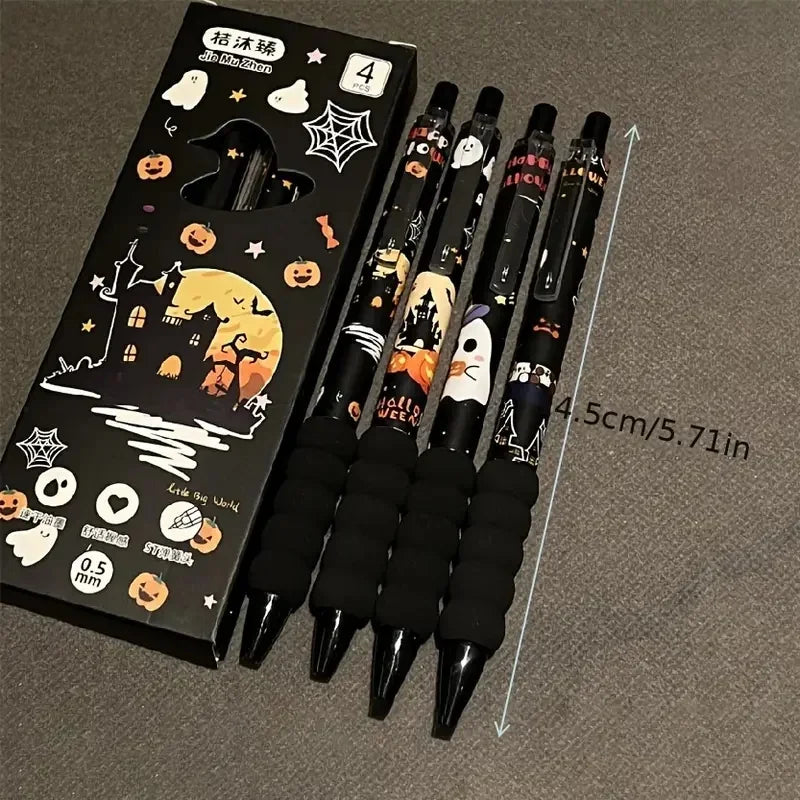 Ein Set von vier thematischen Gelstiften in schwarz-orangefarbenen Designs in ihrer Verpackungsbox.