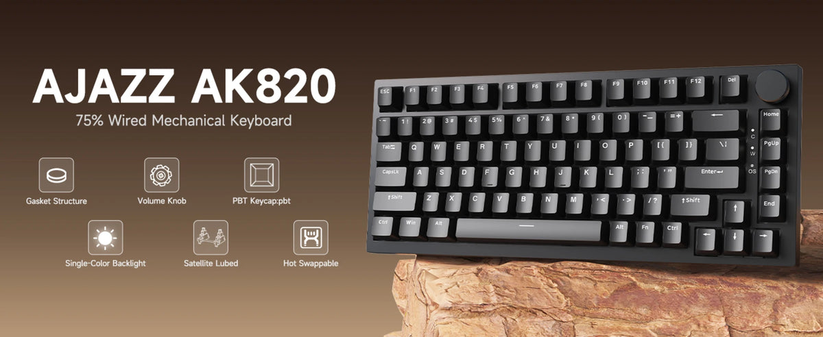 A black AJAZZ AK820 75% wired mechanical keyboard shown on a wooden surface.