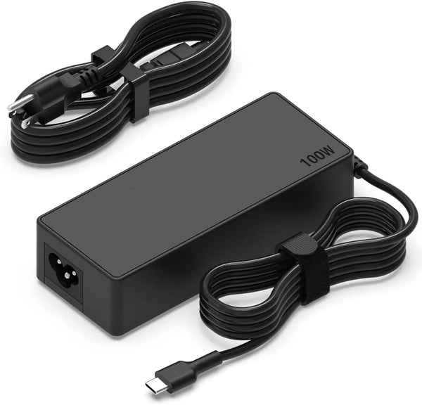 A black 100W USB-C laptop charger with a cable is shown on a white background.