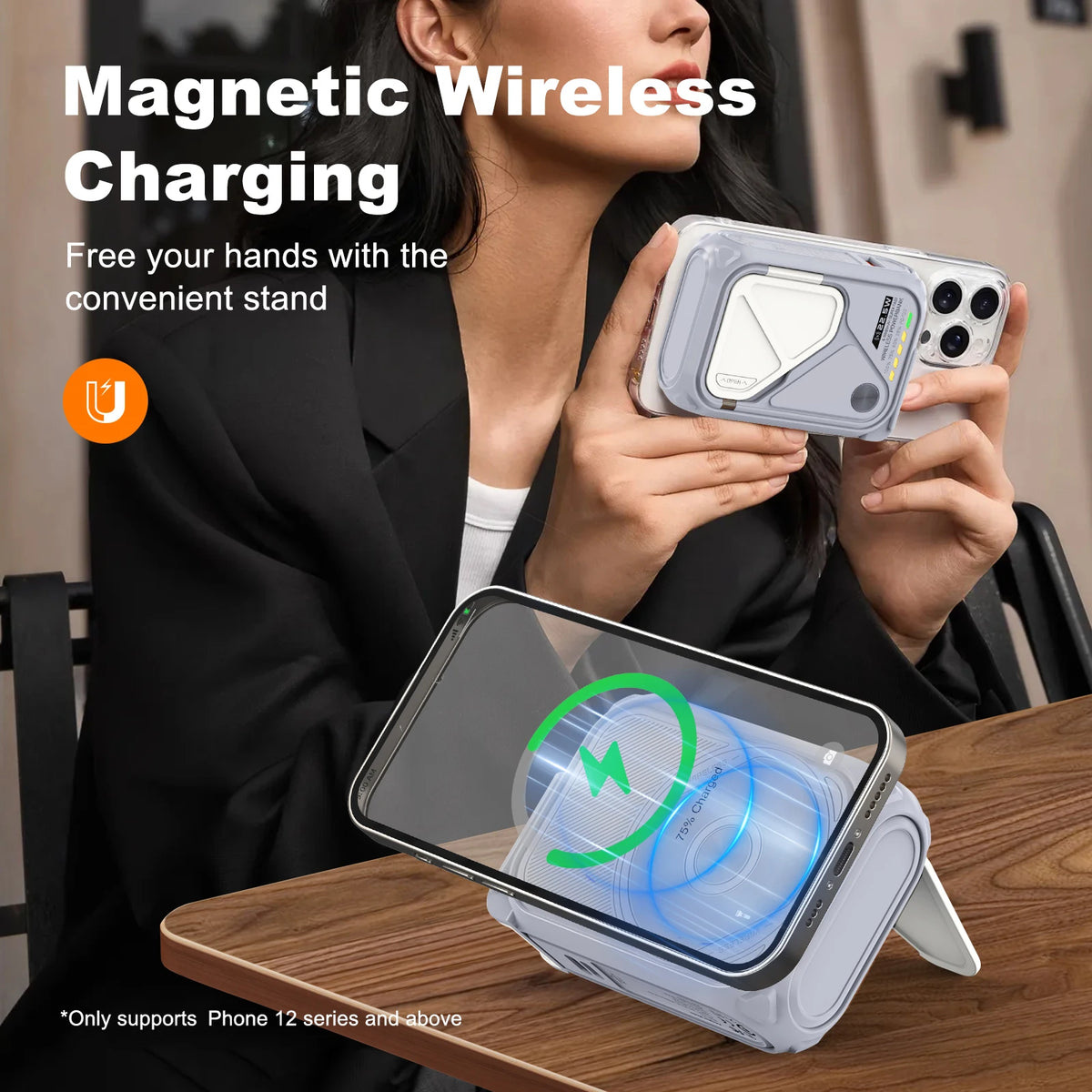 A woman is using a magnetic wireless charging stand to charge a smartphone.