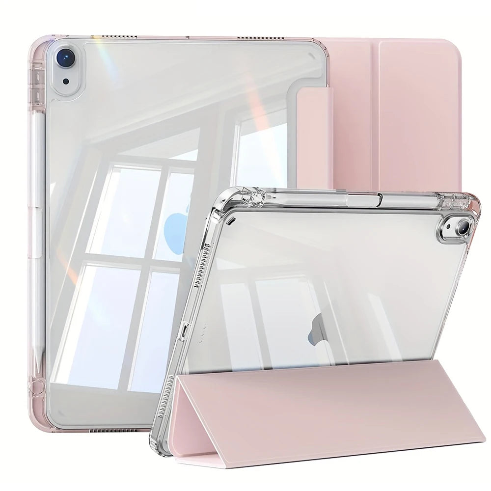 A clear protective skin for an iPad case shown with a matching pink cover and accessory.