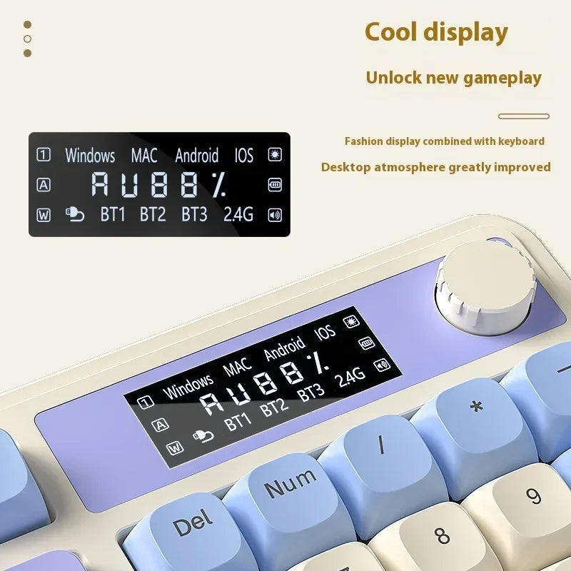 A close-up view of a purple and white multifunctional keyboard with an RGB display showing system information.