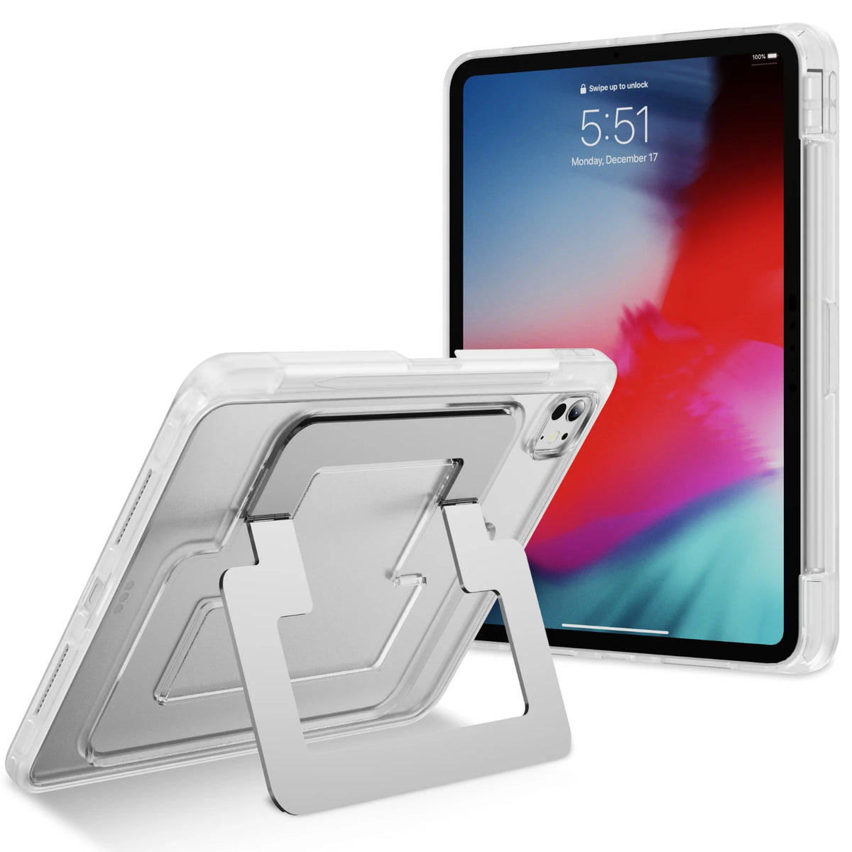 A clear protective case and stand for a tablet or iPad is shown next to an Apple device display.