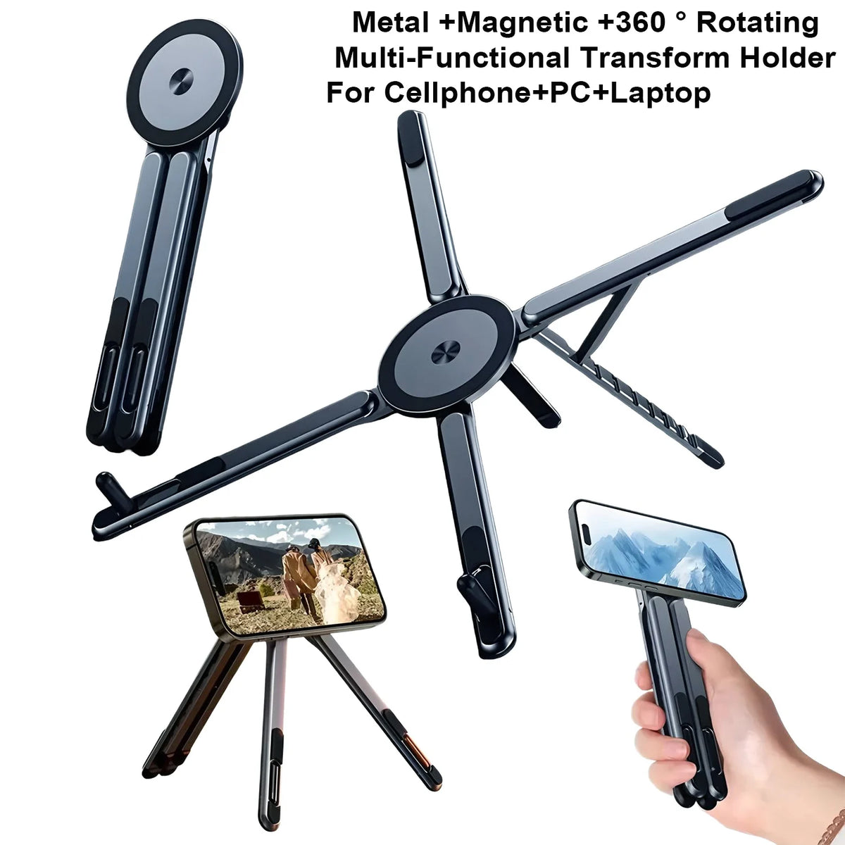 A black metal magnetic phone holder with an attached selfie stick is shown in use.