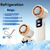 A beige handheld high-speed cooling fan with an ice porcelain semiconductor refrigeration unit and a charging cable shown aga