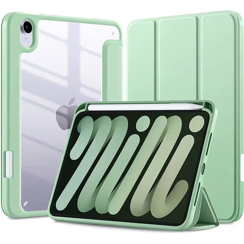 A light green hybrid protective case for an iPad, shown alongside the device and a pencil holder.