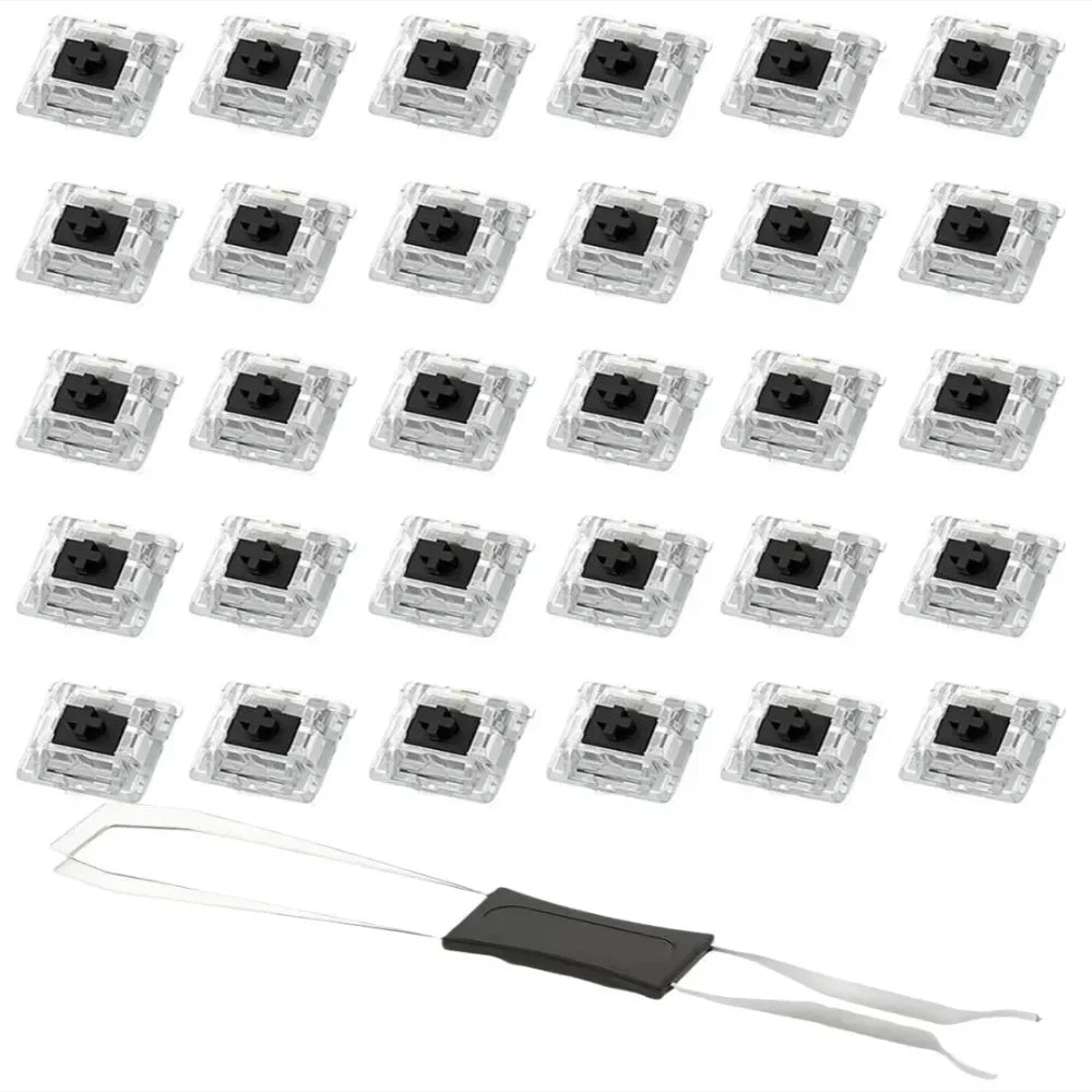 A collection of hot-swappable mechanical keyboard switches and a keycap puller tool.