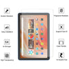 A tablet screen protector is shown with various features like scratch resistance, fingerprint resistance, and case friendline