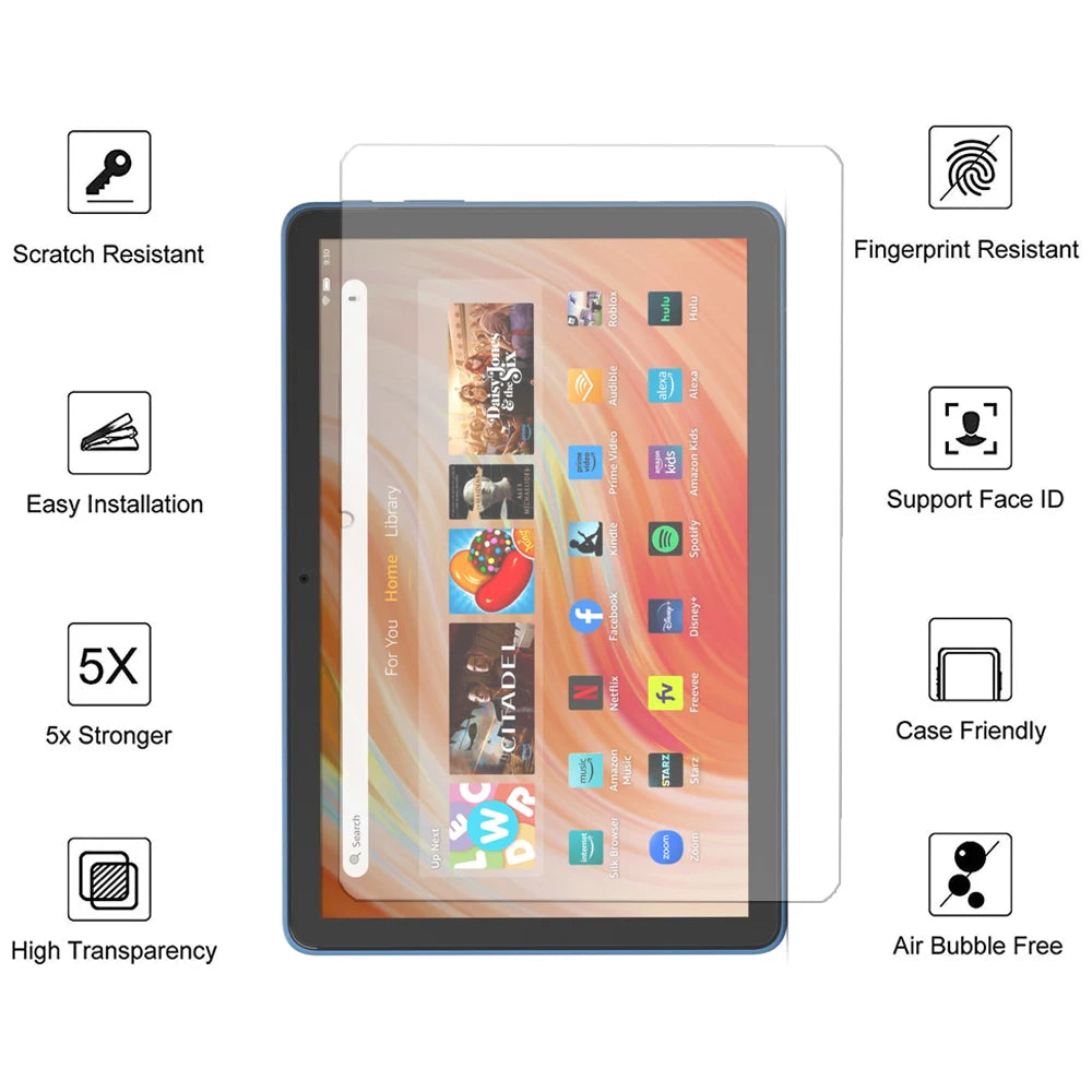 A tablet screen protector is shown with various features like scratch resistance, fingerprint resistance, and case friendline