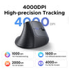 Black ergonomic vertical mouse showing various DPI settings for high-precision tracking.
