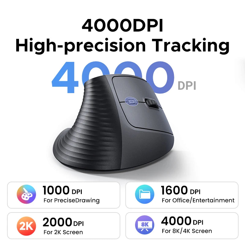 Black ergonomic vertical mouse showing various DPI settings for high-precision tracking.