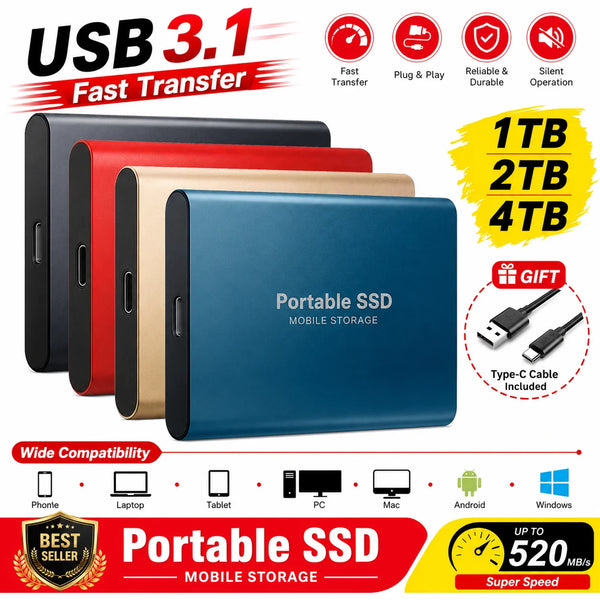 Disque SSD portable bleu avec différentes options de capacité et icônes de compatibilité.