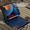 A blue Dexnor laptop is shown with a magnetic keyboard case, positioned on a wooden surface, emphasizing work from anywhere.