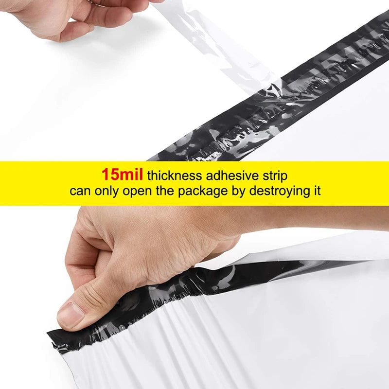 A hand is tearing open a black adhesive strip on a white poly mailer bag to access the contents.