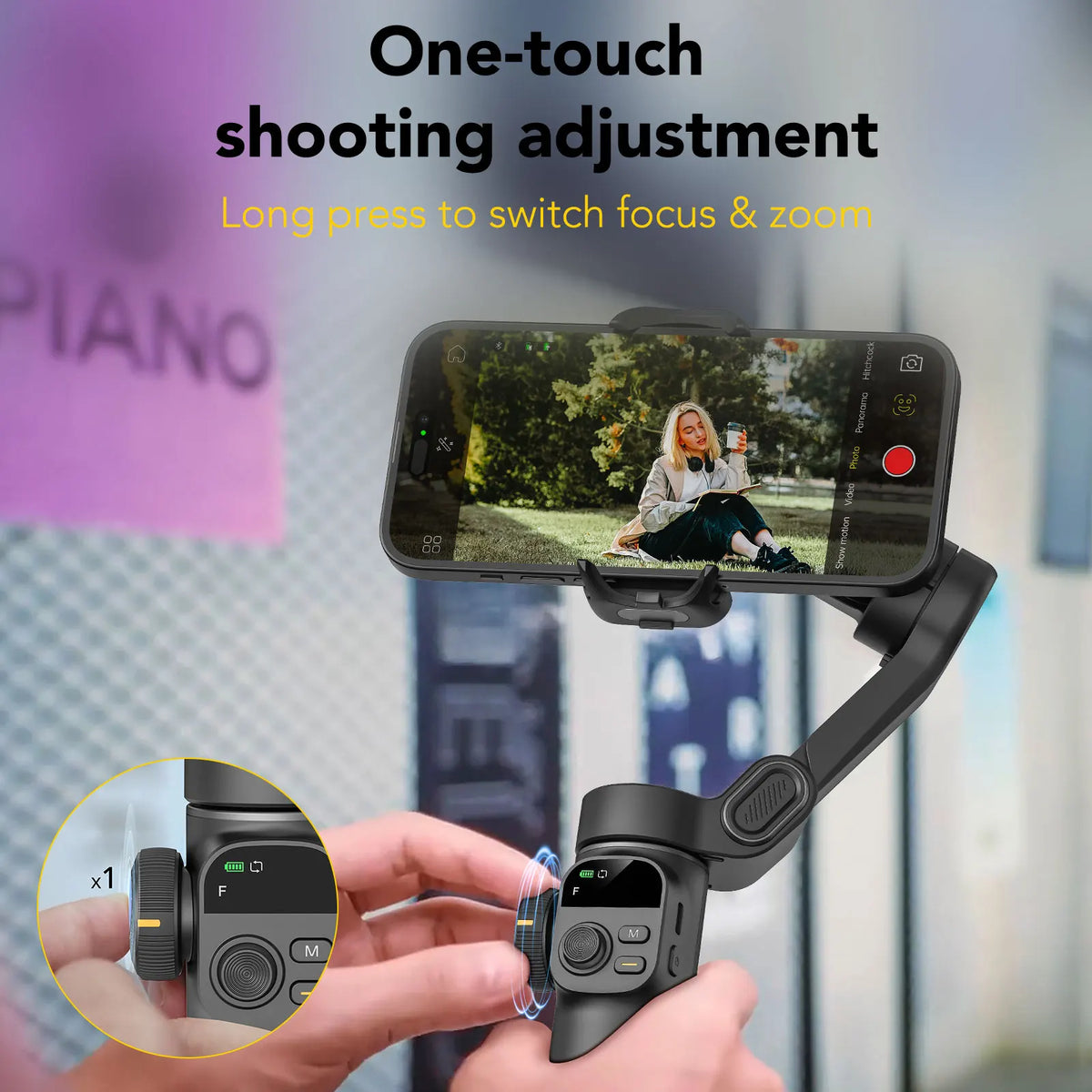 A hand holds a portable smartphone gimbal stabilizer, demonstrating one-touch shooting adjustment features.
