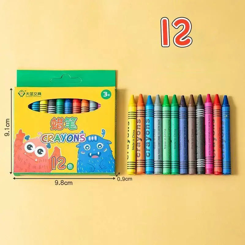 A box of 12 washable non-stain crayons for kids is displayed next to a number 12.