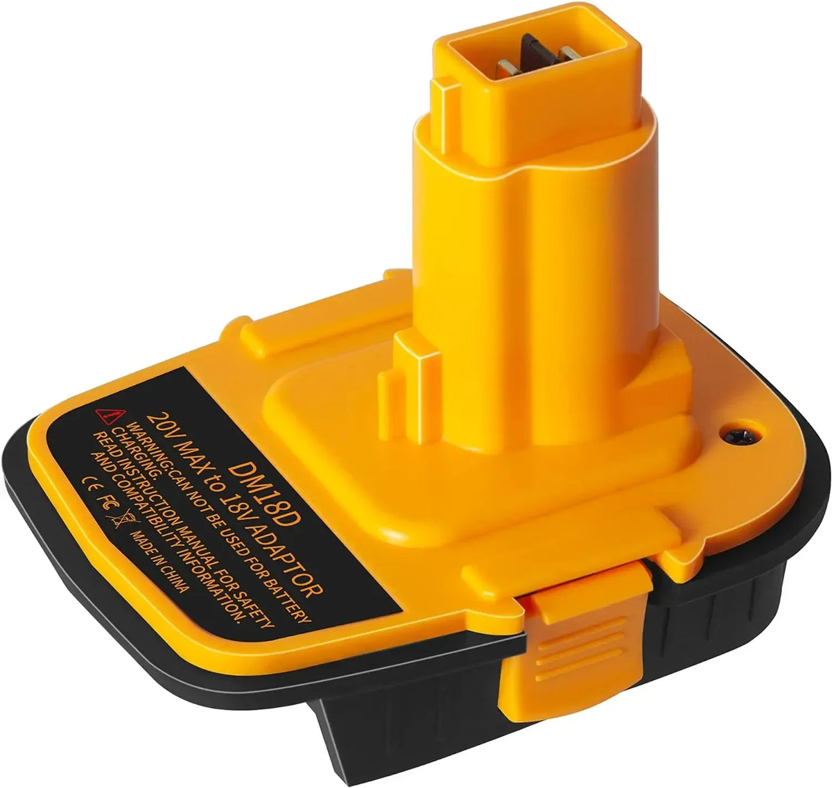 Adaptador de batería amarillo con enchufe y carcasa, diseñado para herramientas eléctricas.