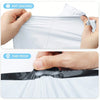 Hands demonstrate the anti cracking and tear proof features of a thick, self-sealing white mail bag.