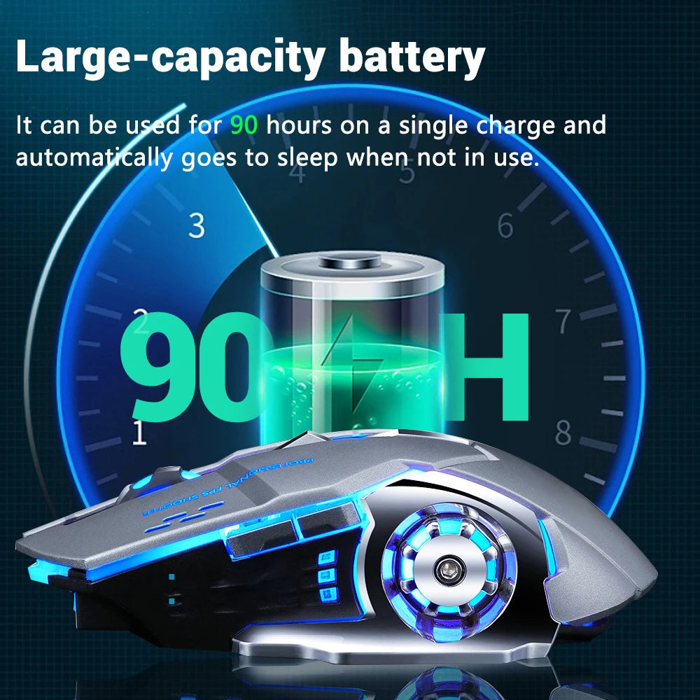 A large-capacity battery is shown next to a black and blue wireless gaming mouse.