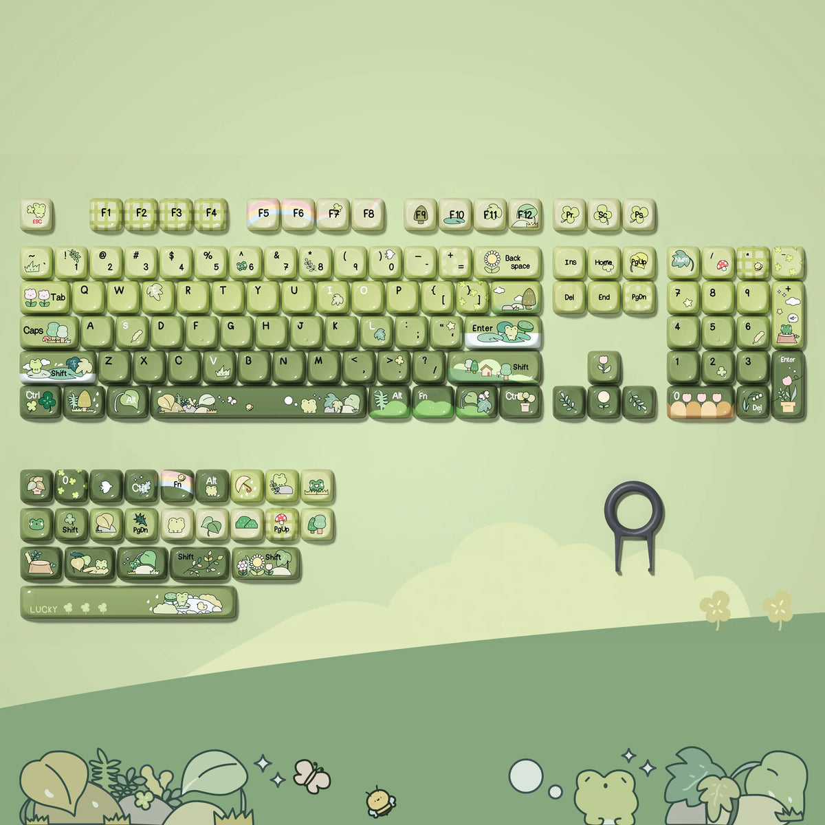 A set of bright green dye-sublimated PBT keycaps for a mechanical keyboard.