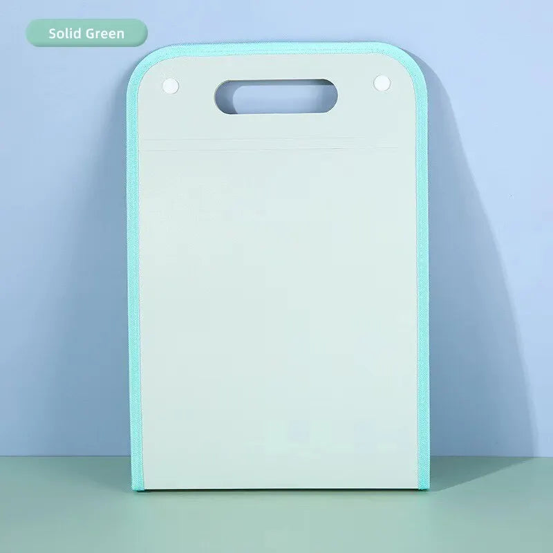 A light green portable accordion document organizer with a white interior and a light mint trim.
