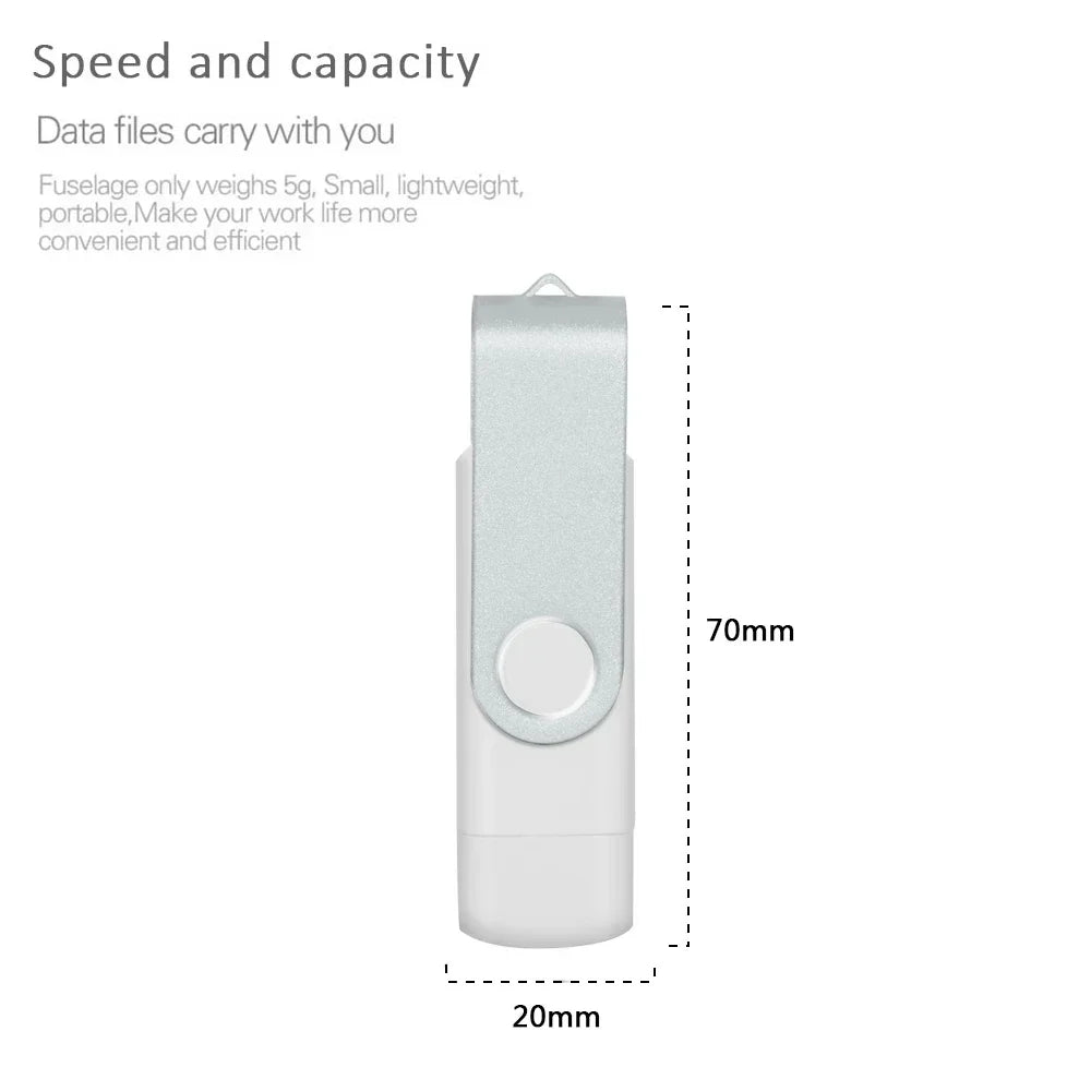 A white dual USB and Type-C flash drive with a metal body shown from the side.