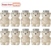 Ten white bear-shaped reusable water bottles with silver lids.
